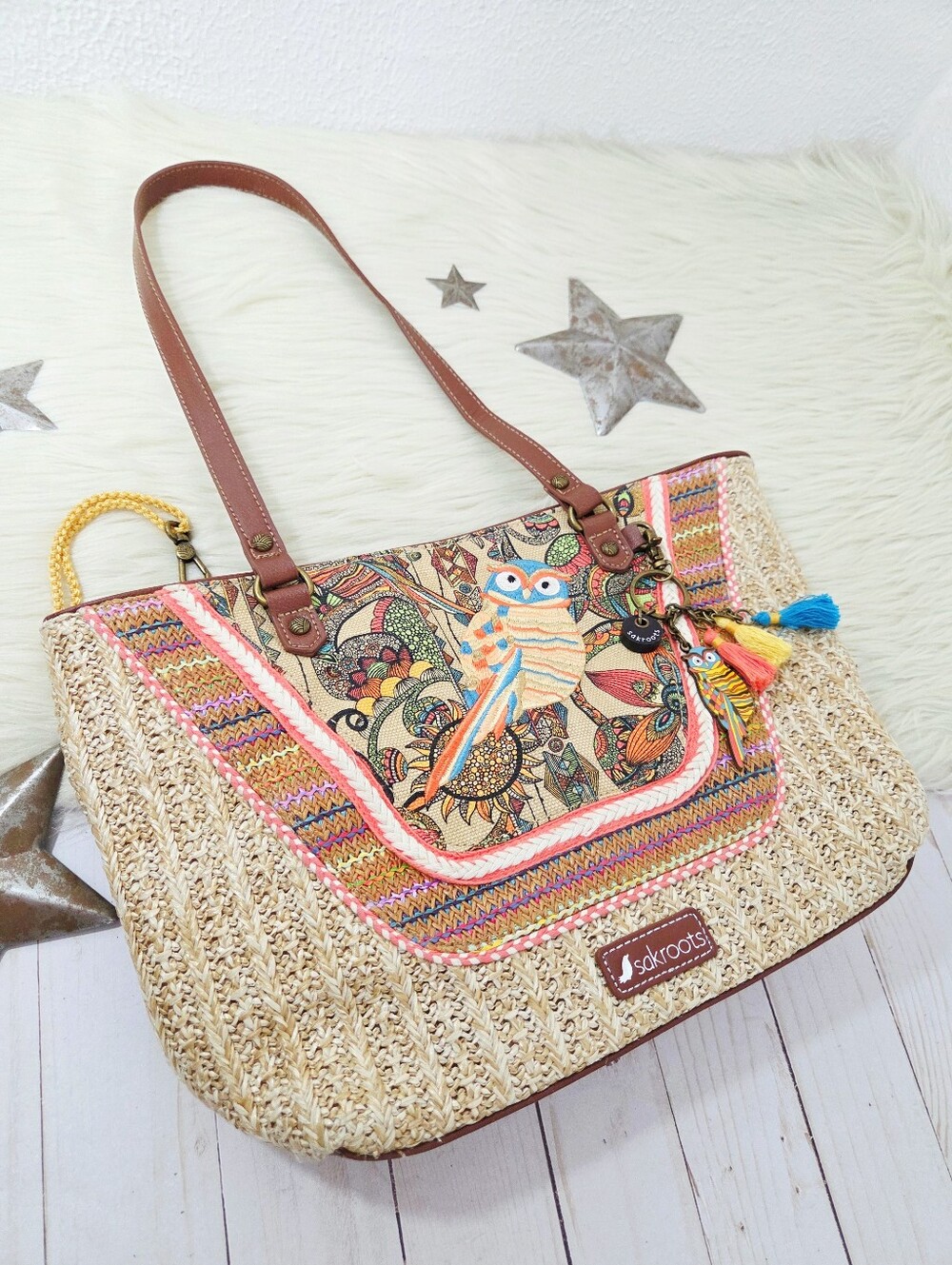 Sakroots Wild At Heart Owl embroidered jute Tote Bag handbag boho purse - Picture 1 of 7